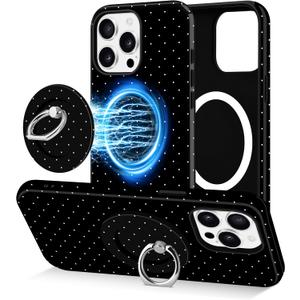 Jusy Compatible with Magsafe Polka Dot Phone Case for iPhone 14 Pro Max, Cute Aesthetic Magnetic Ring Holder Stand Case, Soft TPU and Hard PC Protective Phone Cover for Women Girls - Black Polka Dot