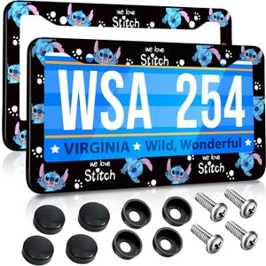 Akkya License Plate Frames 2 Pack for Women Men Car Plate Holder Cover Cute Cartoon Blue Metal Tag Frame Stainless Steel Car Front Rear Plate Decor