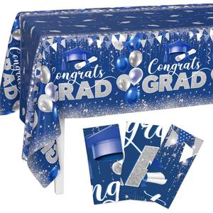 AIBIIN 3pcs Graduation Tablecloth Blue Silver Congrats Grad Table Cloth for Class of 2026 Disposable Plastic Rectangle Grad Table Cover for Graduation Party Decorations Supplies 68"x42" Inch