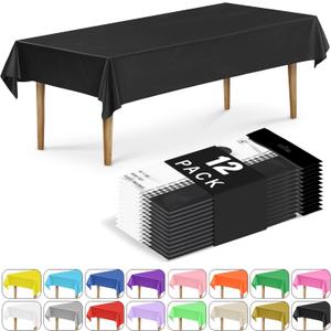 DecorRack 12 Rectangular Tablecloths BPA-Free Plastic, 54 x 108 inch, Dining Table Cloth, Rectangle Table Cover for Parties, Picnic, Camping and Outdoor, Disposable or Reusable, Black (12 Pack)
