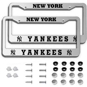 2Piece Silver License Plate Frames for Yankees, Rustproof Aluminum Alloy NY License Plate Frames US Standard License Plate Holder with Screw Caps Set