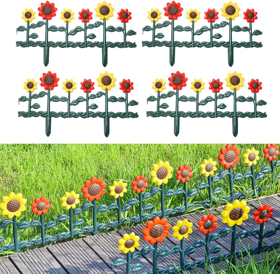 Sungmor Plastic Edgings Garden Picket Fence - Grass Lawn Flowerbeds Plant Borders - Decorative Sunflower Landscape Path Panels - Pack of 4 (Overall Length 98 Inches) - Lightweight & Easy Installation