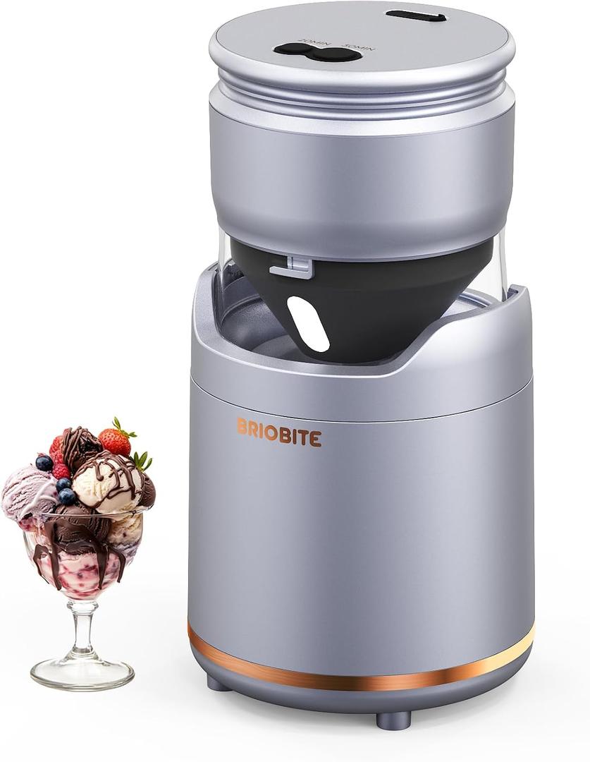 BRIOBITE Ice Cream Maker,Rechargeable Soft Ice Cream Machine with Low Noise,Compact for 1-2 Servings,Perfect for Sorbet,Gelato,Frozen Yogurt,Silver