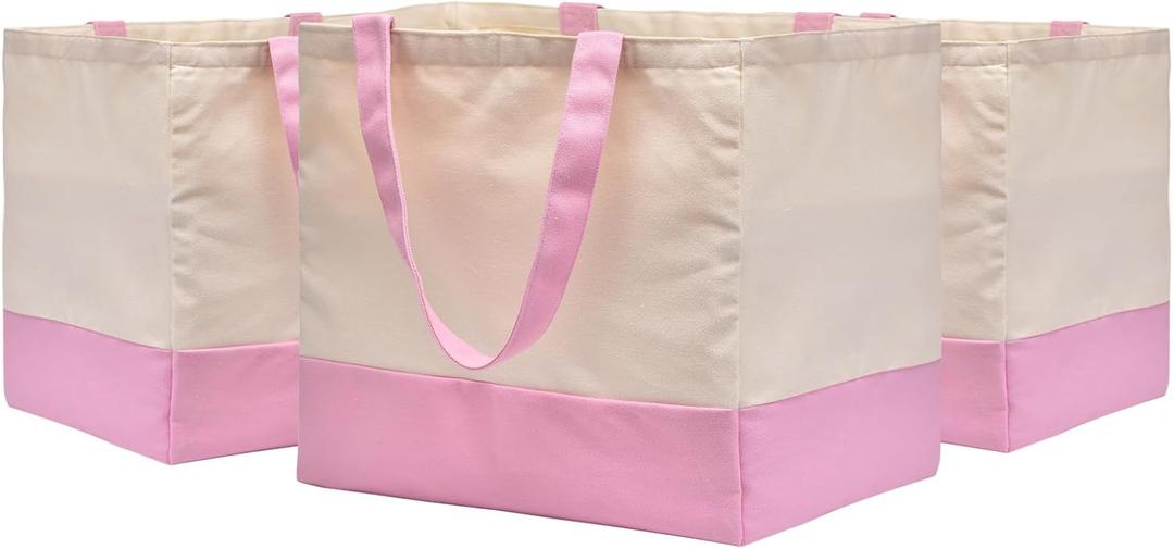 CNaiyunpin 3 Pack Canvas Reusable Grocery Bags Heavy Duty, 8.3 gal Foldable Large Tote Bag with Handles, Holds 60 lbs Canvas Shopping Bags & Washable Eco-friendly Bags with 5 Pockets, Pink+Off white