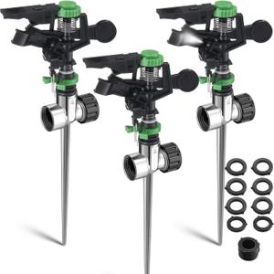 3 Pack Pulsating Sprinklers with Metal Spike, 360° Adjustable Rotating Impact Sprinkler Large Area Coverage Sprinklers for Yard Lawn Garden Above Ground Sprinkler System (Black and Green)