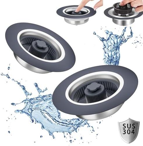 Ginbel Direct 2 Pack 3 in 1 Kitchen Sink Drain Strainer Stopper with Basket, Plug Pop Up 304 Stainless Steel Anti-Clogging Stoppers Combo for US Standard 3-1/2 Inch Drain, Silver