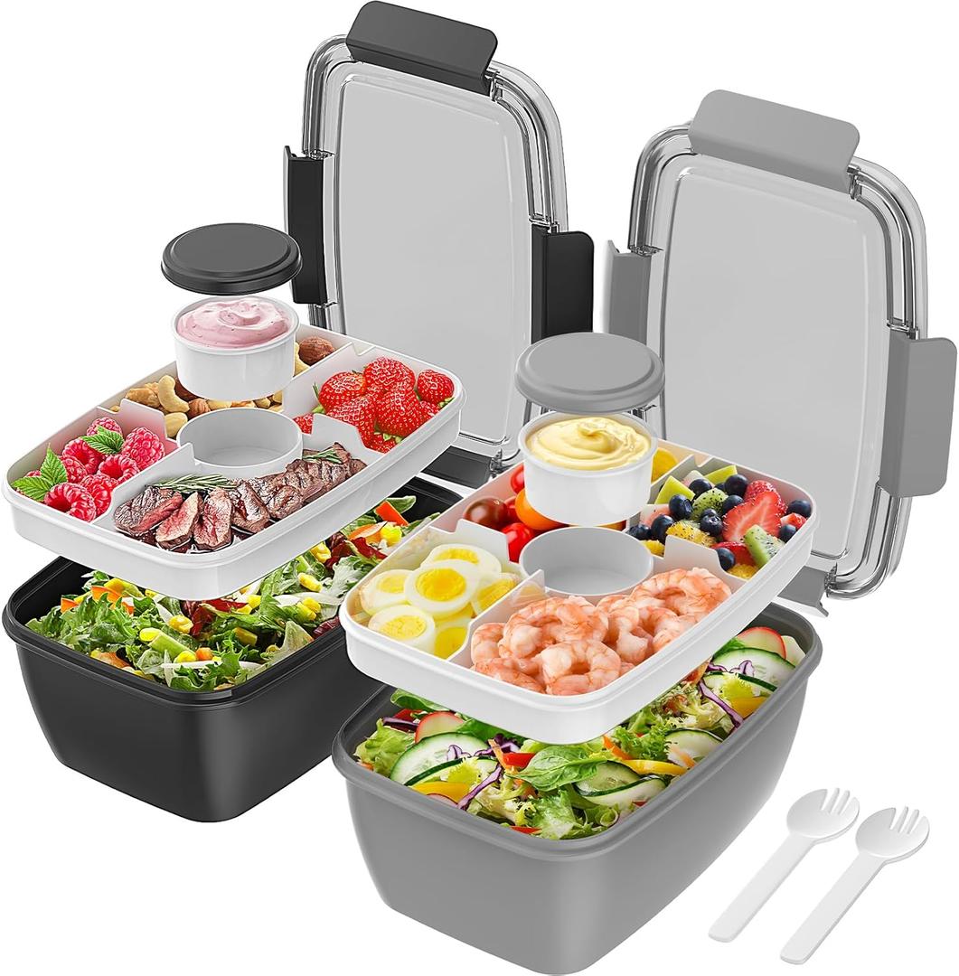 Cherrysea 2Pack Salad Lunch Container, 68oz Salad Bowls with 4 Compartments Tray,Leak Proof Lunch Box with Fork for Men,Women BPA-Free Snack Container with Sauce Container for Dressings - Black&Grey