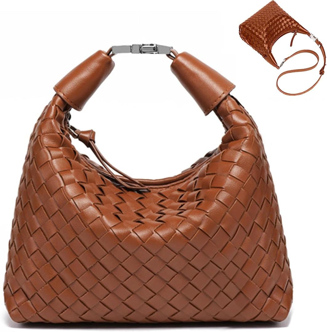 Handbag Crossbody Tote Bag for Women Small Hand Bag weave Vegan Leather Purse Clutch Women's Leather Medium Hobo Bag (Brown)