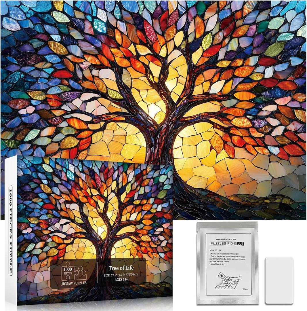 Stained Glass Puzzles for Adults 1000 Pieces - Mosaic Tree of Life Jigsaw Puzzles with Puzzle Glue, Colorful Difficult Jigsaw Puzzles, Challenging and Fun Hard Puzzle for Adults