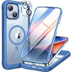 Miracase Glass Series Designed for iPhone 14 Plus Case 6.7 inch, 2023 Upgrade Full-Body Magnetic Clear Case with Built-in 9H Tempered Glass Screen Protector,Compatible with MagSafe, Capri Blue