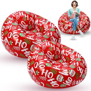 Lunmon 2 Pcs Christmas Blow up Chairs Red Inflatable Bean Bag Couch Pine Needles Chair Xmas Portable Lazy Sofa Seat Game Couch for Winter Camping Balcony Living Bedroom Reading