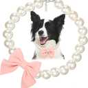 LEIFIDE Dog Pearls Collar Necklace Jewelry with Pink Bow Pendant Fancy Pearls Pet Collars Adjustable Dog Cat Necklace for Wedding Birthday Valentines Pet Grooming Party Costume Accessories(17 Inch)