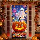 Halloween Door Cover, Funny Ghost Trick or Treat Front Porch Sign Banner, Cute Halloween Decoration and Supplies for Home