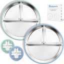 Bakpoco Stainless Steel Toddler Plate with Suction 2Pack, 9 Divided Kids Plates with Silicone Suction for Baby Self Feeding, Non Toxic Non Slip Unbreakable Snack Dishes Dinnerware Set, Blue & Sage