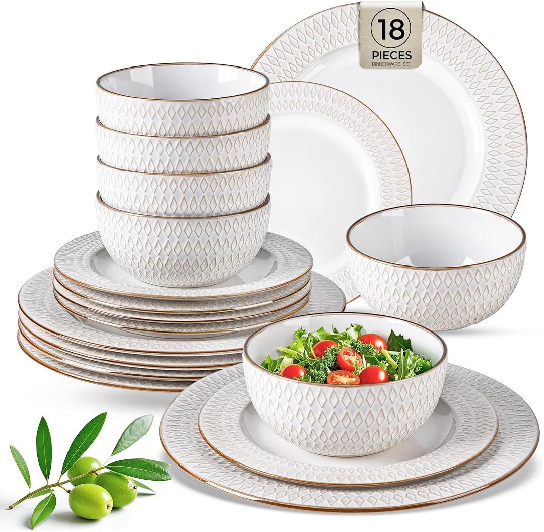 GBHOME Ceramic Dinnerware Sets,18 pcs Embossed Elegant Stoneware Plates and Bowls Sets, Housewarming Wedding Gift | Dishwasher & Microwave Safe | Dishes Set Service for 6