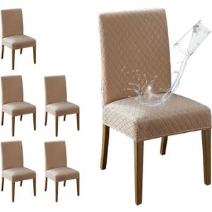 MOSAYT 100% Waterproof Dining Room Chair Covers Set of 6, Super Fit Stretch Jacquard Parson Chairs Slipcovers Removable Washable Chair Seat Protectors for Home, Kitchen, Banquet (Khaki - XL)