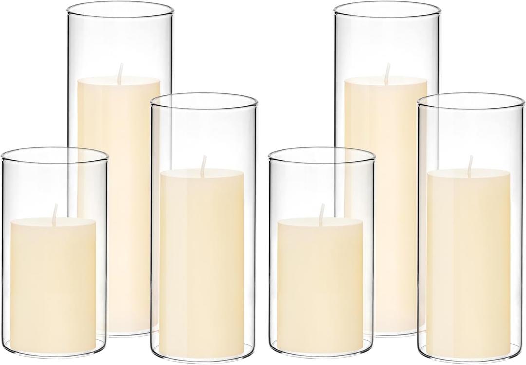 Set of 6 White Pillar Candles with Clear Glass Hurricane Holders- Elegant Cylinder Candle Vases for Weddings, Parties, Centerpieces, Home & Office Decor (Lvory White, 6 Set)