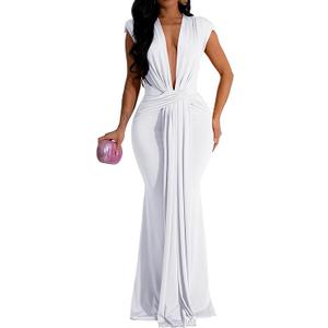 Memoriesea Women's Elegant Sleeveless Deep V Neck Bodycon Party Evening Gown Maxi Dress White, Size: XL