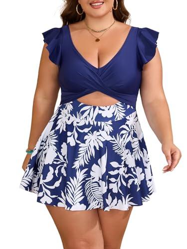 B2prity Women's Plus Size Swimsuit Tummy Control One Piece Swimdress Ruffle V Neck Cutout Wrap Bathing Suit with Skirt, Large