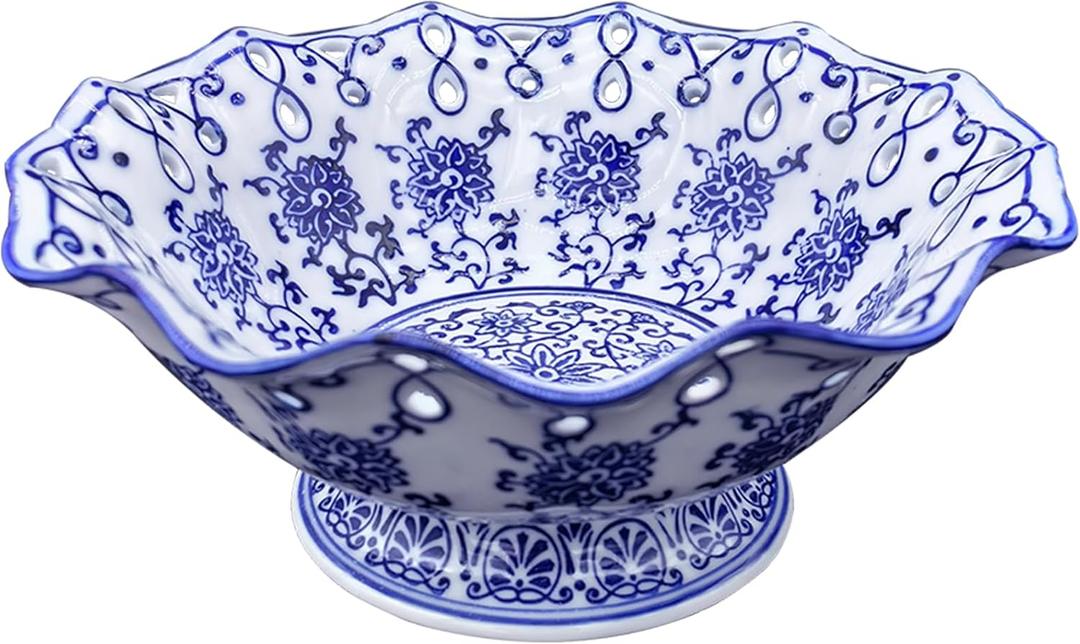 Candy Bowl Ceramic Candy Serving Plate Blue and White Chinoiserie Decor Bowl with Foot for Living Dining Room (6.9in)