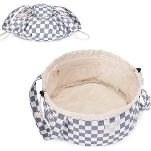 Narwey Barrel Drawstring Checkered Makeup Bag Large Cosmetic Bag Make up Bags Toiletry Bag Travel Bags for Toiletries Organizer for Women Gift for Teen Girls (Grayish Blue Checkerboard) (Patent)