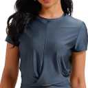 Satin Silk Women's Short Sleeve Shirts Round Neck Summer Causal Crop Tops Twist Front Tee T-Shirt Midnight Blue, Large 