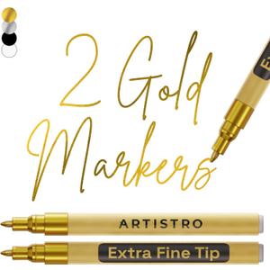ARTISTRO 2 Acrylic Paint Pens for Rock Painting Ceramic Wood Glass Tire Plastic, Fabric Marker Paint Markers Ideal for Labeling DIY Crafts Art Projects, 0.7mm Extra Fine Tip, Gold (Gold)