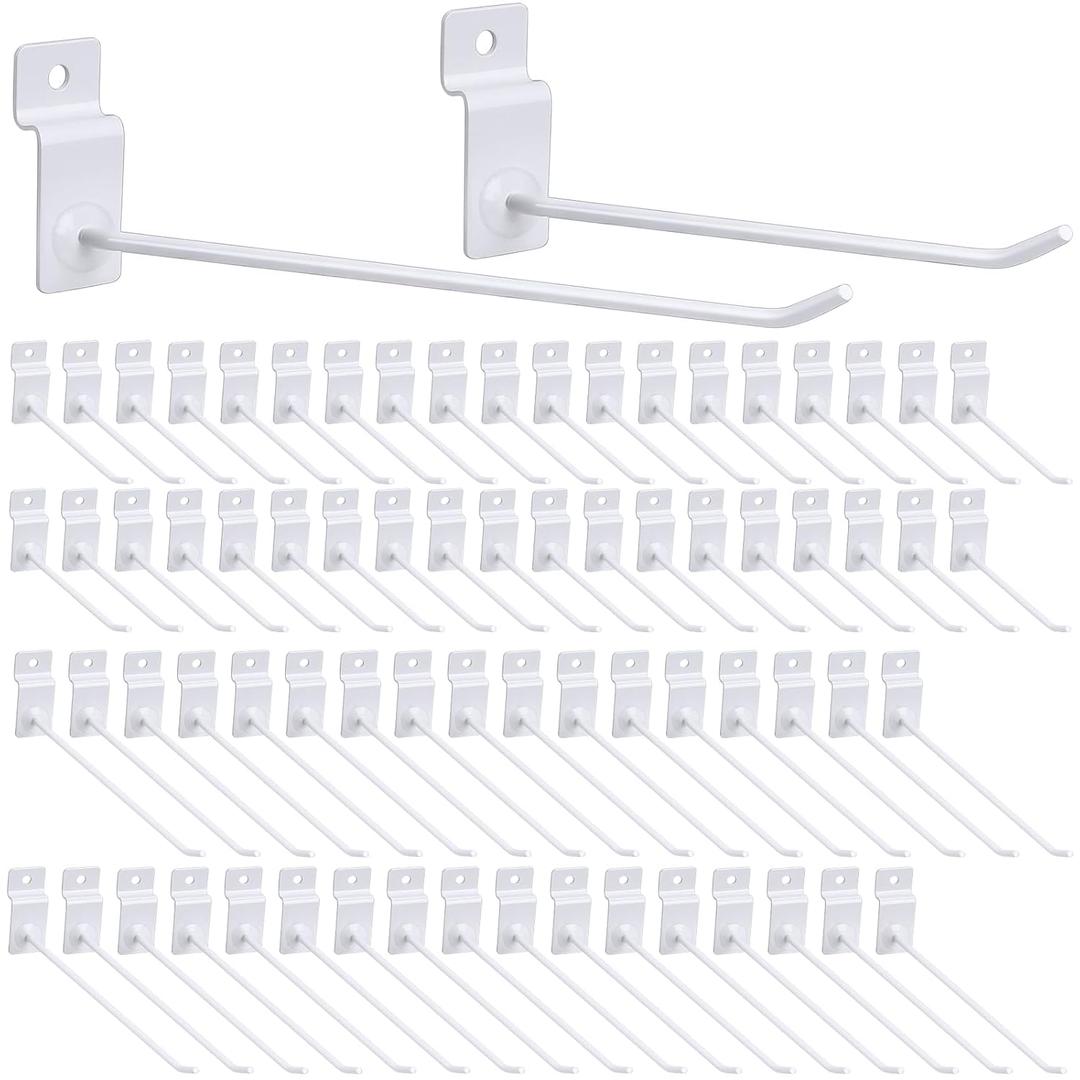Moxweyeni 100 Pack Slatwall Hooks, 6 and 8 Inch Slatwall Accessories, Metal Panel Wall Hooks Pegs Hanging Hangers Thickness Slat Pegs for Garage Shop Retail Display(White)