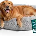 Furhaven 45" Round Calming Donut Dog Bed for Large Dogs, Refillable w/ Removable Washable Cover, For Dogs Up to 90 lbs - Shaggy Plush Long Faux Fur Donut Bed - Mist Gray, Jumbo/XL, 45.0"x45.0"x9.0"