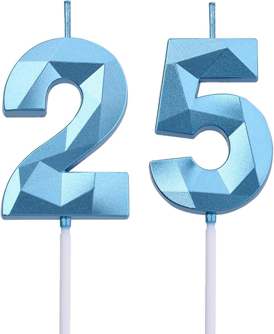 2 Inch Blue 25 & 52 Birthday Candles, 3D Diamond Number 25th & 52nd Cake Topper for Men Women Birthday Party Decorations Theme Party