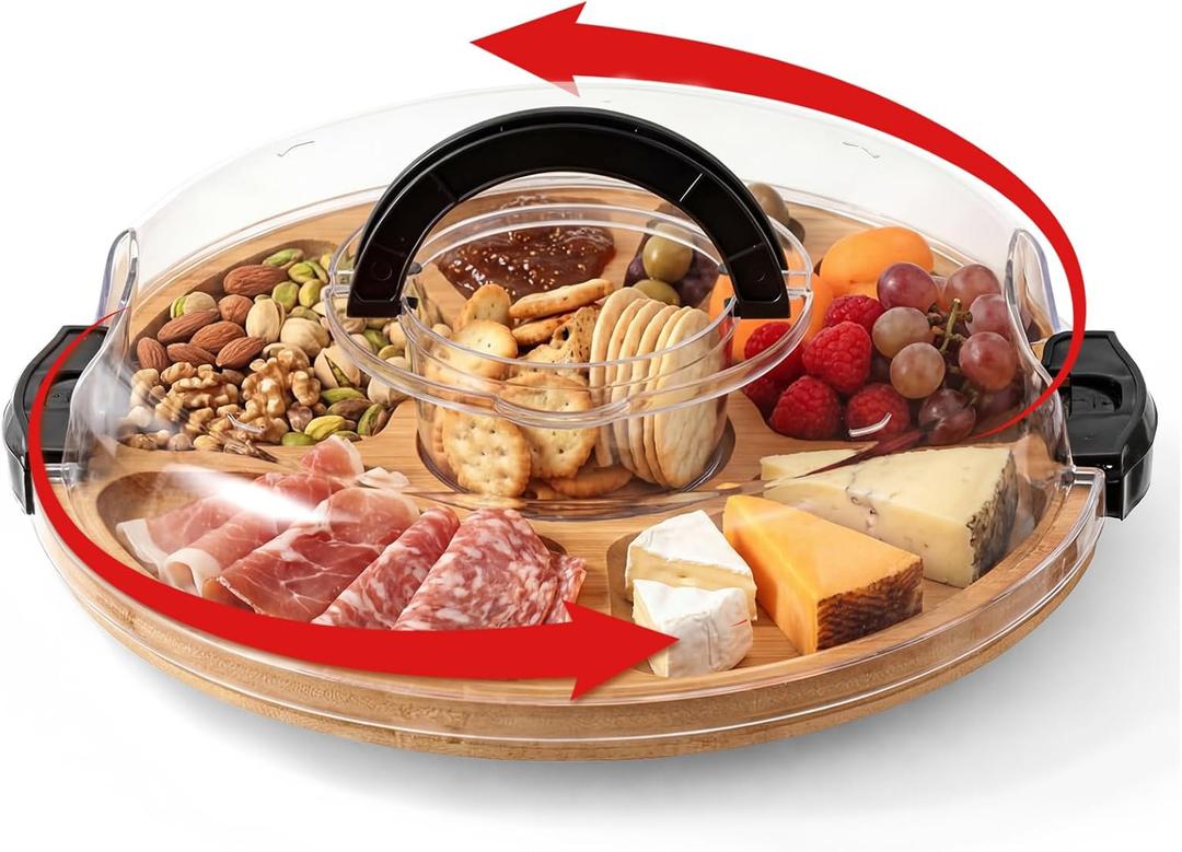 LemonRoad Rotating Charcuterie Board with Lid, 13.5 Inch Round Lazy Susan Cheese Board Portable Bamboo Serving Tray with Compartments, Housewarming Gift for Women Picnic Party Supplies