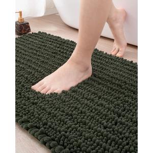 DEXI Bathroom Rug 20x32, Super Soft Thick Chenille Absorbent Bath Mat, Non Slip Machine Washable Fluffy Shag Bathmat for Tub, Shower Floor, Olive Green
