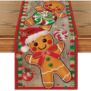 Artoid Mode Wood Gingerbread Candy Cane Christmas Table Runner, Seasonal Winter Kitchen Dining Table Decoration for Home Party Decor 13x90 Inch