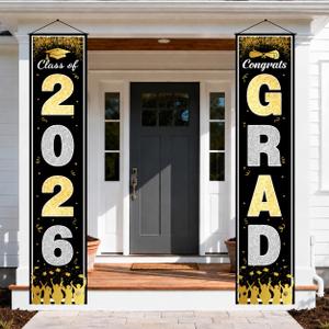 2 x OHOME Graduation Decorations 2026 2027 - Black Gold Congrats Grad Porch Banner for Graduation Party Decorations - Class of 2026 - Party Favors Supplies Backdrop Yard Signs Decor (Black)
