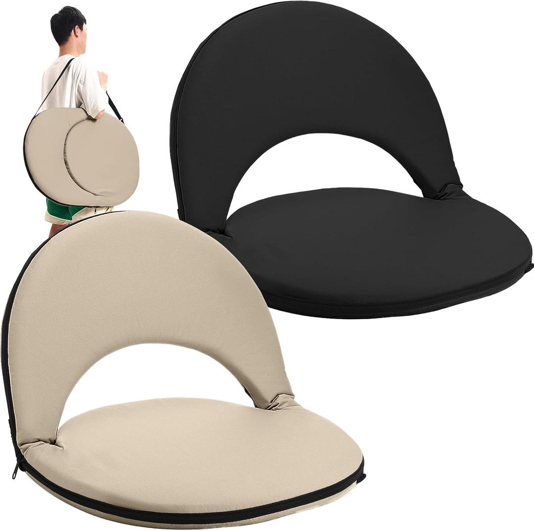 2 Pcs Stadium Seats Floor Chairs Reclining Bleacher Seat with Shoulder Strap Portable Recreation Recliner Beach Folding Waterproof Cushion Chair for Sports (Black and Khaki)