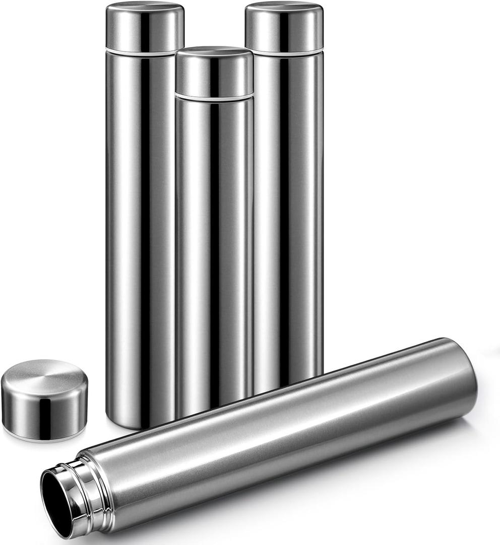 Vesici Slim Water Bottle 8.8 oz Small Stainless Steel Purse Compact Insulated Water Bottles Camping Travel Backpack Pocket Flask for Car Cold Coffee Tea(Silver,4 Pack)