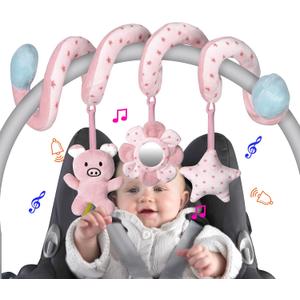 SAMMAS Car Seat Toys, Infant Baby Pink Pig Spiral Activity Hanging Toys Stroller Toys for Car Seat Stroller Bar Crib Bassinet Mobile with Mirror BB Squeaker and Rattles