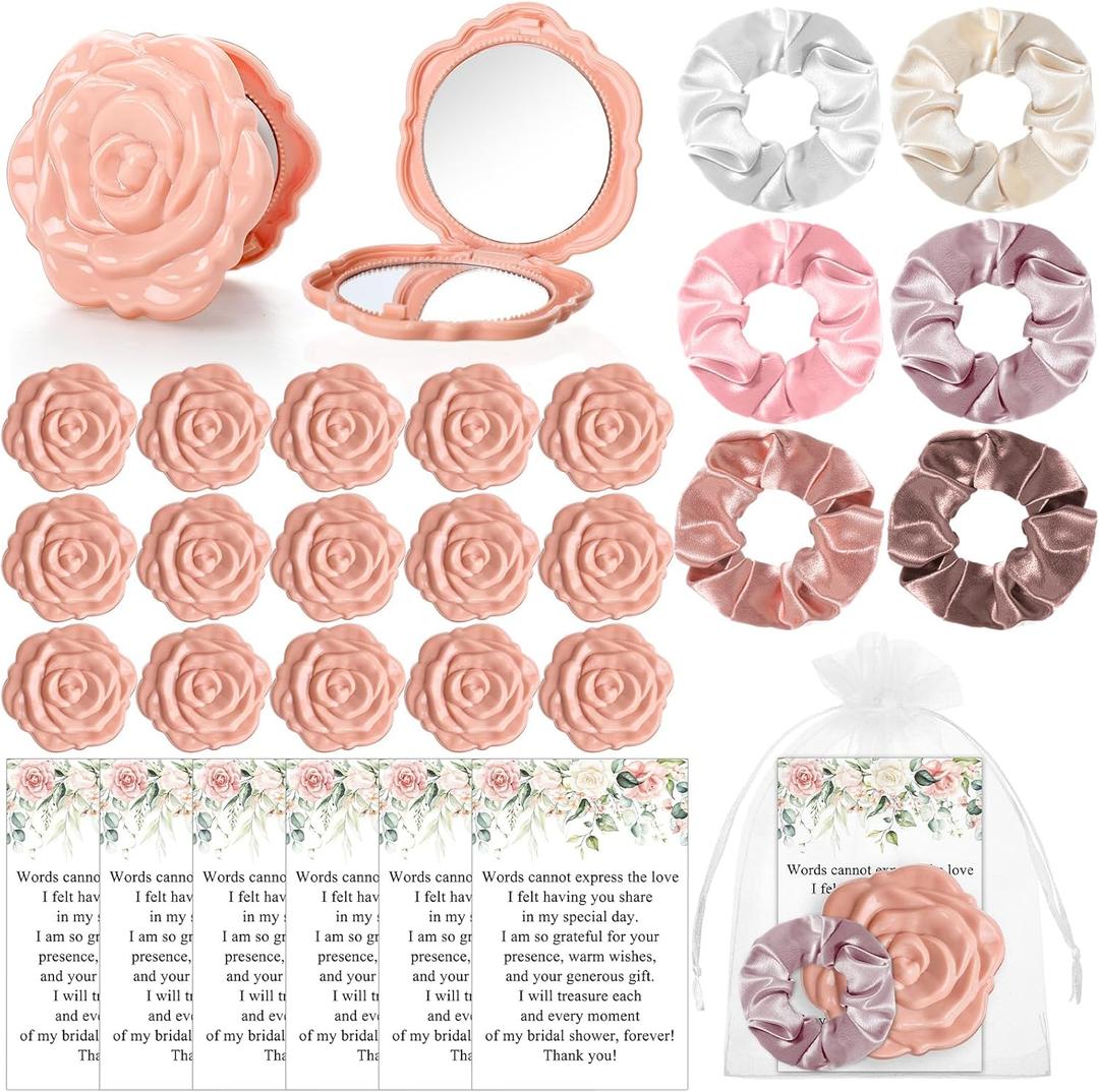XunYee 30 Sets Bridal Shower Favors for Guests 30 Rose Compact Mirror Bulk 30 Hair Ties Satin Elastic Scrunchies 30 Thank You Card and Organza Bags Souvenir Gift for Wedding Party Favors(Pink)