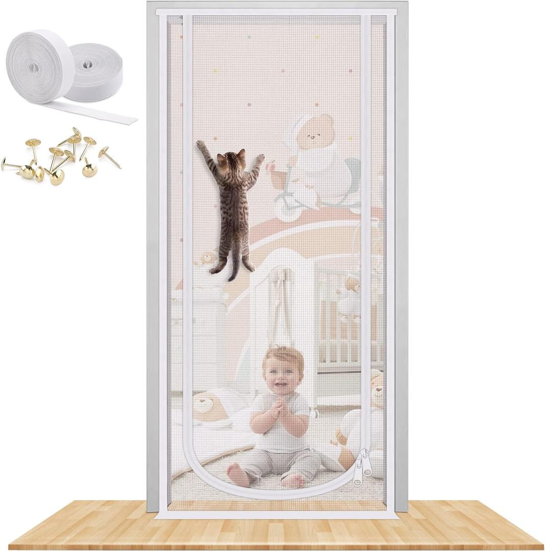Reinforced Cat Screen Door, 35.5X82 Heavy Duty Pets Proof Screen Door with Bilateral Zipper, Prevent Dogs Cats Running Out from Home, Bedroom, Living Room, Kitchen Patio Doo