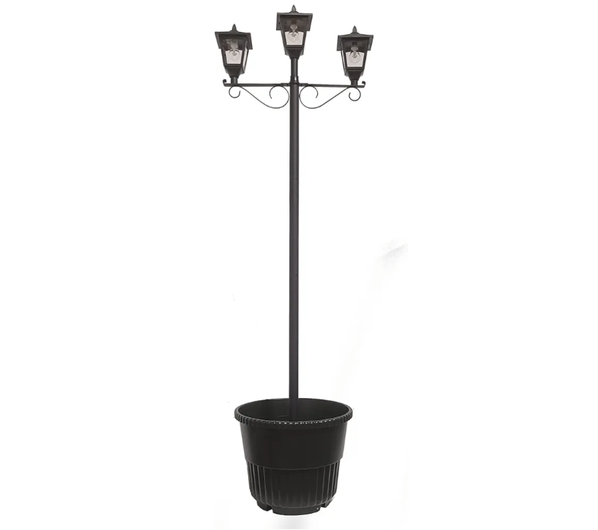 SOLARBASICS Outdoor Solar Lamp Post, Triple Head LED Lanterns, Planter Base, Black Sun-Powered Light, SB14M0053