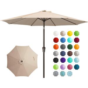 JEAREY 9FT Outdoor Patio Umbrella Outdoor Table Umbrella with Push Button Tilt and Crank, Market Umbrella 8 Sturdy Ribs UV Protection Waterproof for Garden, Deck, Backyard, Pool (Beige)