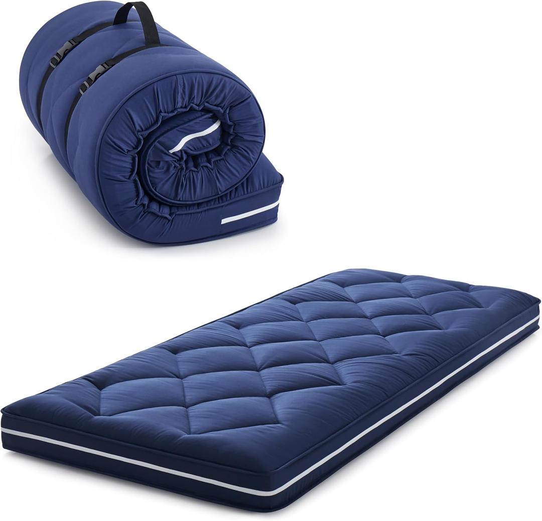 Jamdok 4Inch Floor Mattress,3 Layer Structure Cot Mattress Topper,Gel Memory Foam Futon Mattress,Removable Thickened Cover,Portable Roll Up Sleep Pad (Blue, 75X30)