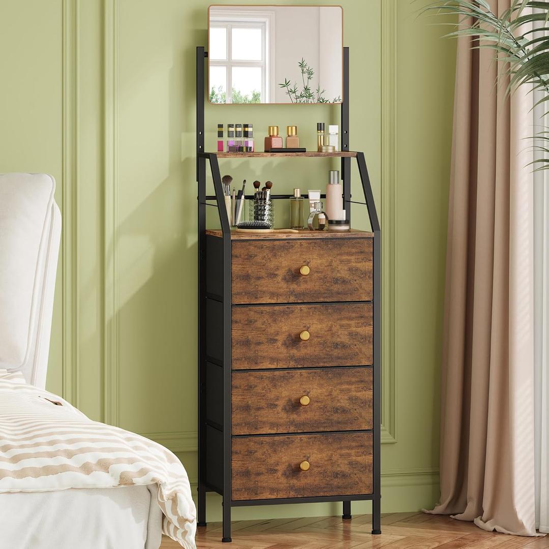 Dresser with Mirror, 4 Drawers Dresser with 2-Tier Shelves, Freestanding Fabric Chest of Drawers for Small Space, Tall Narrow Nightstand Vanity for Bedroom, Hallway, Dorm, Rustic Brown, 15.3"W