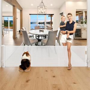 28" Tall Retractable Dog Gate, 80" Wide Reinforced Retractable Baby Gates with Support Rods, Walk Through Baby Gate Easy Step-Over Short Pet Gate Small Dog Gate, Puppy Gates for Doorways/Stairs, White