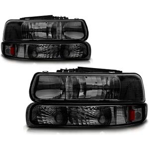 Headlight Assembly Compatible with 1999-2002 Chevy Silverado 1500 2500/2000-2006 Suburban 1500 2500 Tahoe, Headlamps with Bumper Lights, Fit OE Grill (Smoke Lens Amber Reflector)