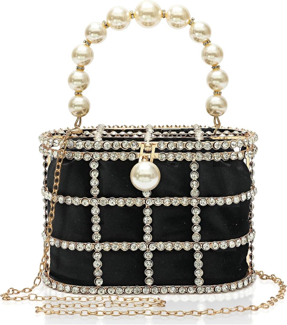 CARIEDO Evening Handbag Women Clutch Purses with Pearl Diamonds for Wedding Prom Birthday Party Dinner Accessories (Black)