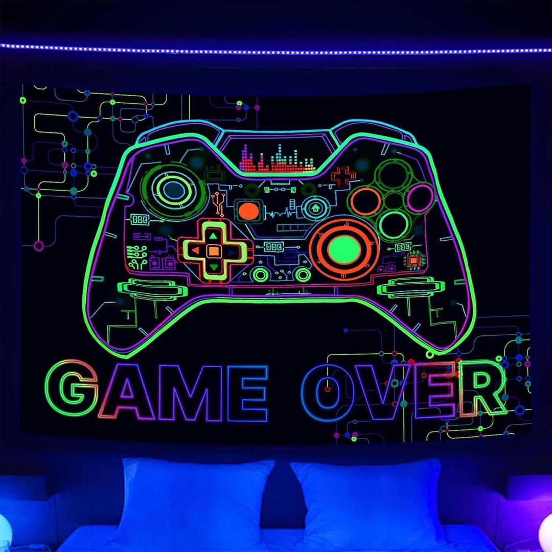 Bzhilja Game Themed Tapestry Wall Hanging, UV Reactive Over Gaming Wall Art Tapestris for Guys Men Boys, Tapestry Wall Art for Game Room Bedroom Party Office, 90"L x 70"W
