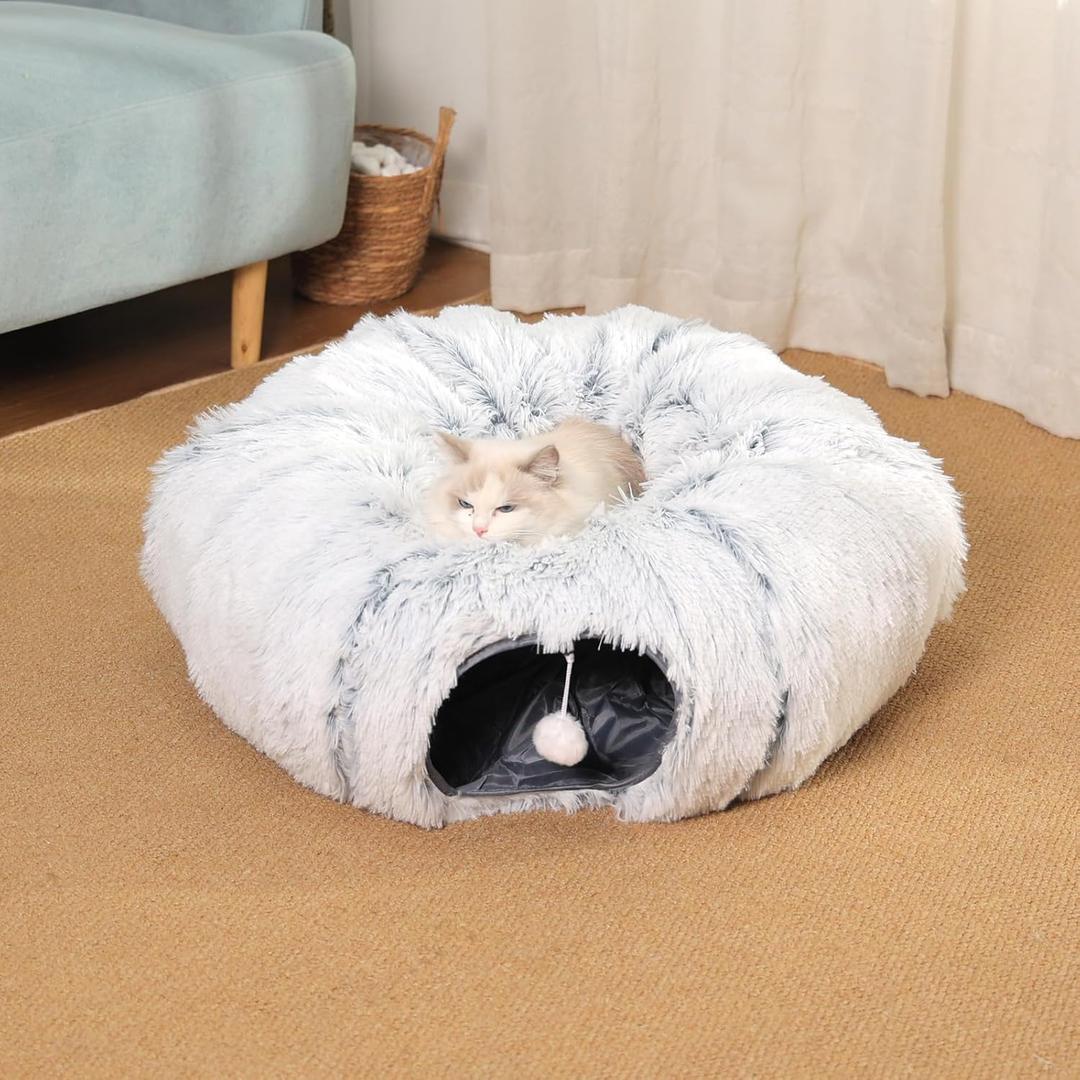Cat Tunnel with Cat Bed for Indoor Cats, Soft Plush Peekaboo Cat Cave Donut Tunnel, Multifunctional Playground Toys Hideplace for Small Medium Large Kittens, Rabbit, Ferret (L)