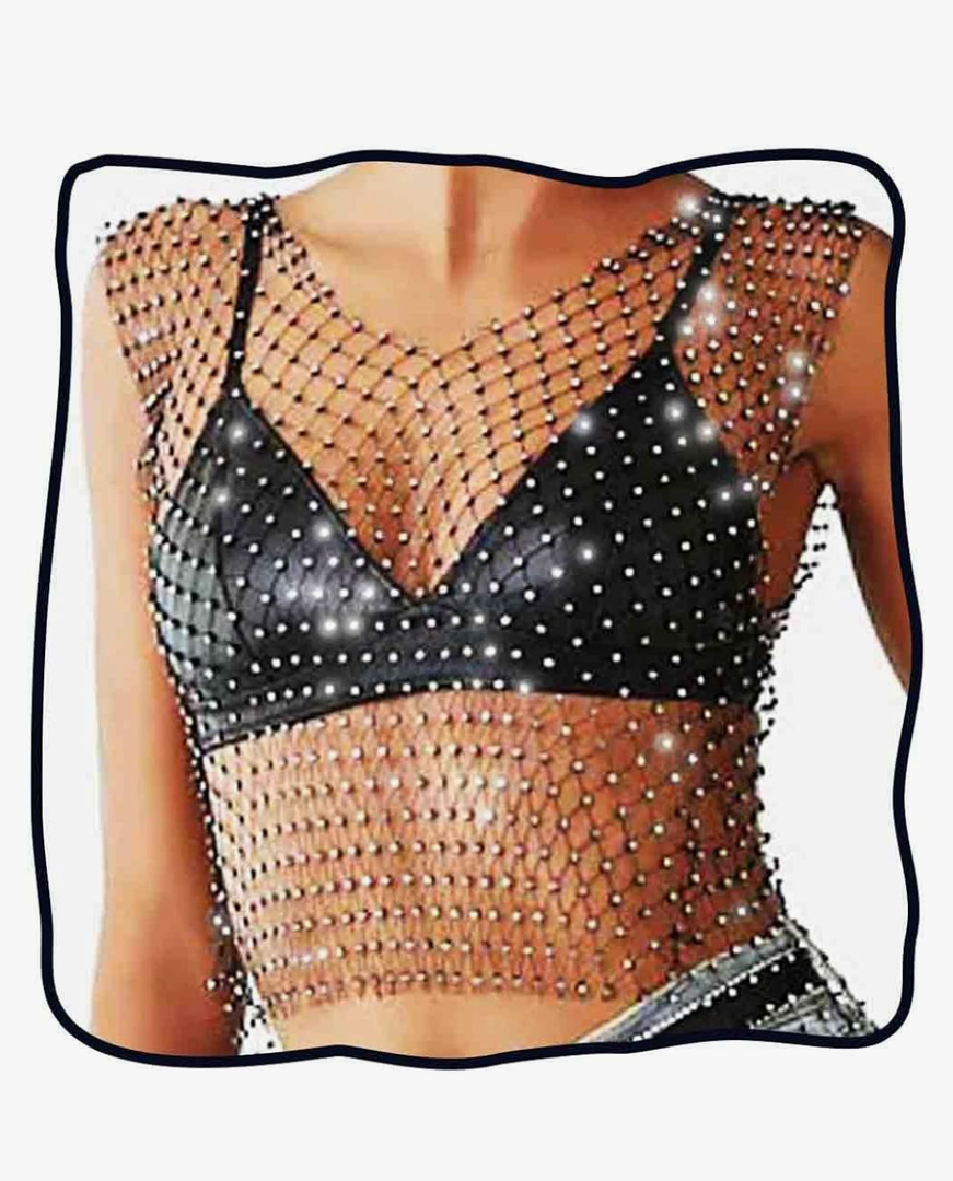 DRESBE womens Hollow Rhinestone Mesh Tank Tops Bikini Concert Party Crop Top, M