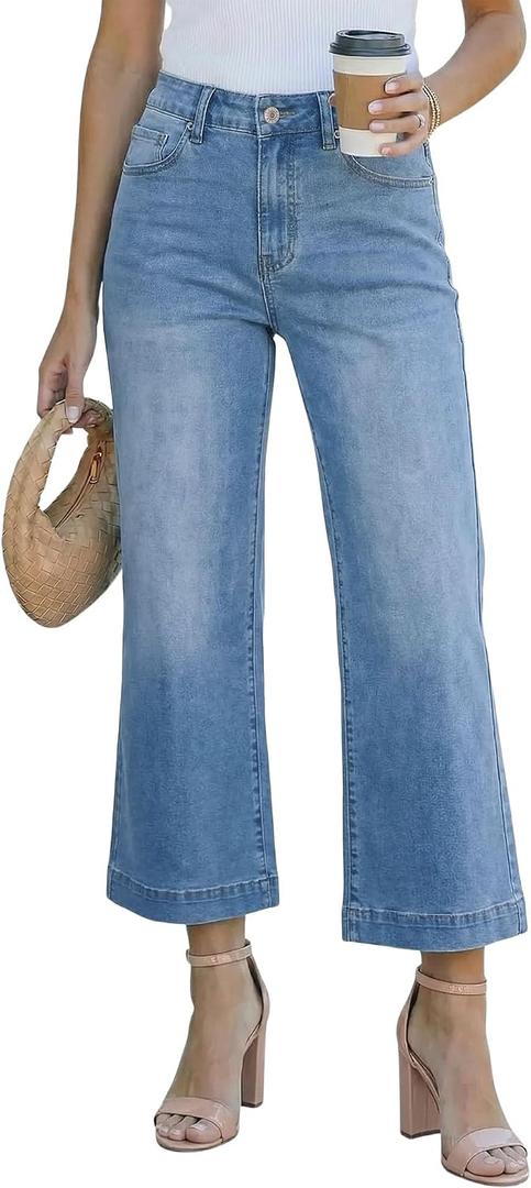 SANMM Jeans for Women High Waisted Wide Leg Flare Jean Cropped Denim Pants Stretchy with Pockets (Blue), 30"x33"